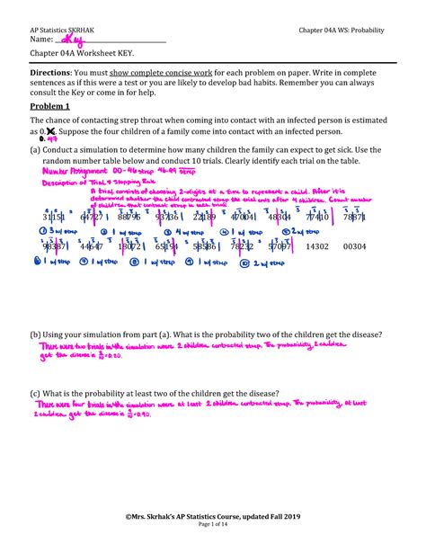 Ws 04a Probability Key ©mrs Skrhaks Ap Statistics Course Updated