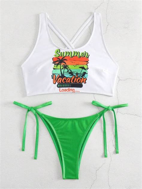 Shein Swim Y Glam Coconut Tree And Letter Graphic Tie Side Bikini