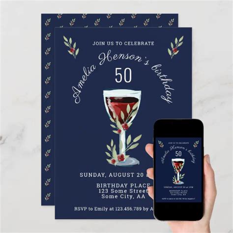 Red Wine Rose Watercolor Navy Blue 50th Birthday Invitation Zazzle