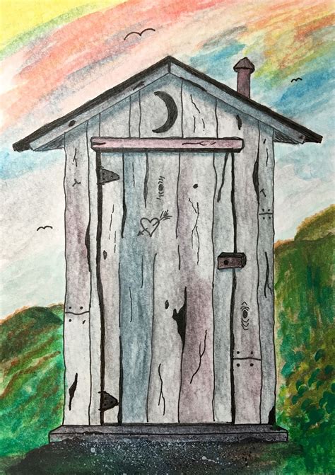 Ink And Inktense Pencil Drawing Wv Outhouse Farm Scene Painting