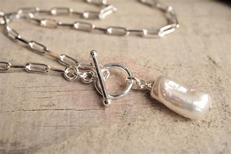 Paperclip Pearl Sterling Silver Necklace Long Link Necklace Etsy