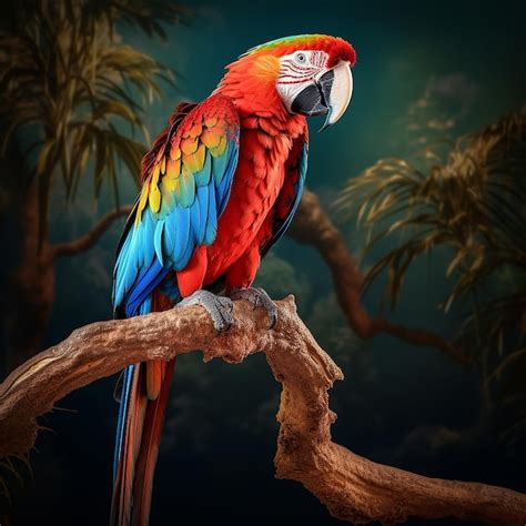 3D Rendered Macaw Perching On Branch Vibrant Beautiful Feathers