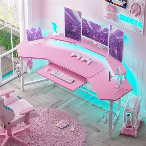 Pink Computer Gaming Desk With Led Lights L Shaped Gaming Desk Table