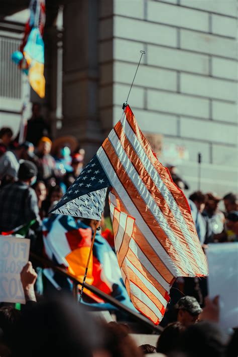 American flag waves amid a large demonstration. photo – Free Donald