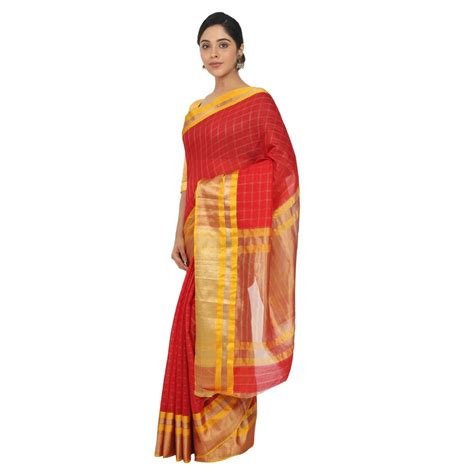 Leeza Store Women S Maheshwari Silk Blend Golden Zari Woven Checkered