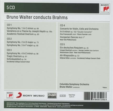 Johannes Brahms Bruno Walter Conducts Brahms Cds Jpc