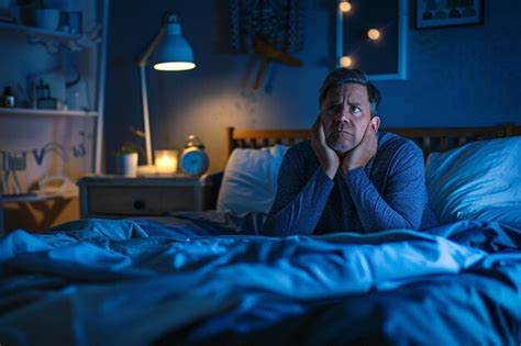 Portrait Of Sad Brunette Man Sitting In Bed At Home Premium AI
