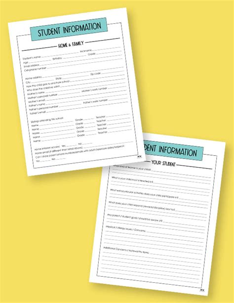 Student Information Sheets 10 Free Printables Printabulls