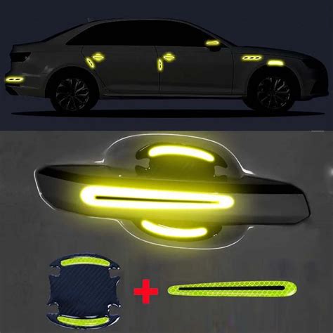 8pcs Set Car Door Handle Sticker Warning Reflective Tape Carbon Fiber