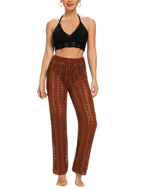 Blotona Women S Crochet Net Hollow Out Cover Up Pants High Waist Mesh