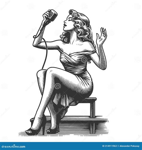 Singer Woman With Microphone Engraving Vector Stock Vector