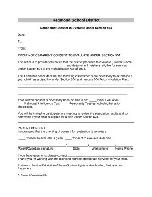 PRIOR NOTICE PARENT CONSENT TO EVALUATE UNDER SECTION 504 Doc Template