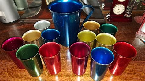 Lot Of Vintage Sunburst 13 Aluminum Drinking Cups And 1 Pitcher 1950 S Ebay