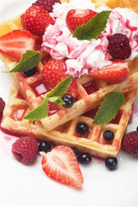 Waffle With Fruit And Whipped Cream Stock Photo Image Of Dessert