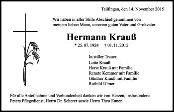 Traueranzeigen von Hermann Krauß Schwarzwälder Bote Trauer