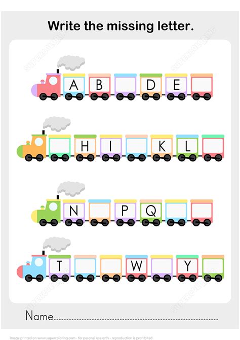 Write the Missing Letter of the Alphabet - Worksheet with a Train | Free Printable Puzzle Games