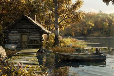 Serene Lakeside Cabin With Wooden Dock And Scenic Views Premium Ai