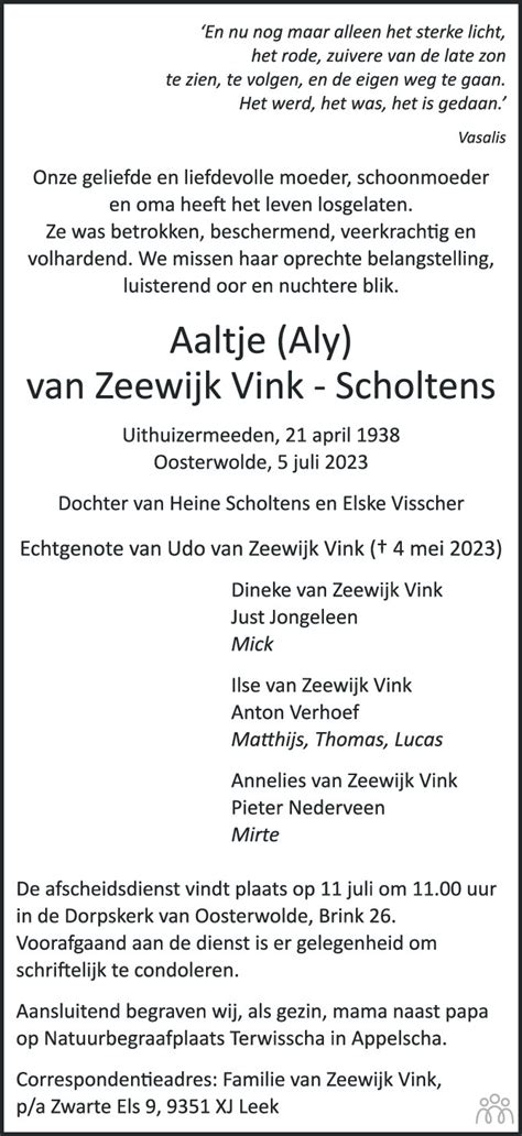 Aaltje Aly Van Zeewijk Vink Scholtens 05 07 2023 Overlijdensbericht