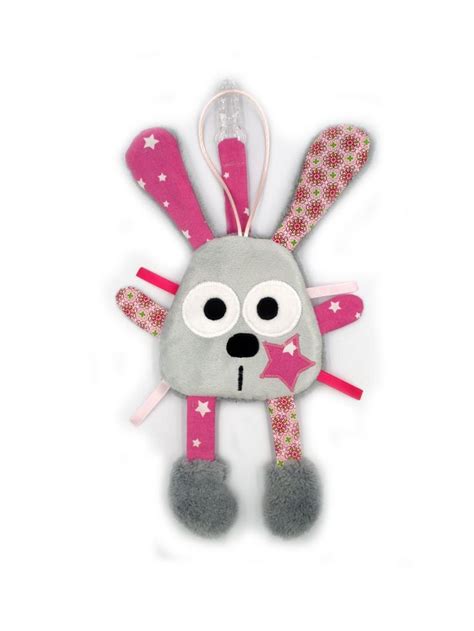 Doudou Attache T Tine Lapin Rose Gris Tissu Coton Minky Hauteur