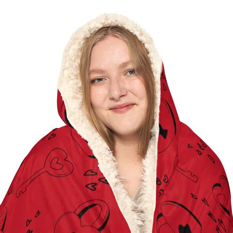 Red Heart And Lock Print Hooded Blanket Snuggle Blanket Cozy Blanket Plush Sherpa And Ultra