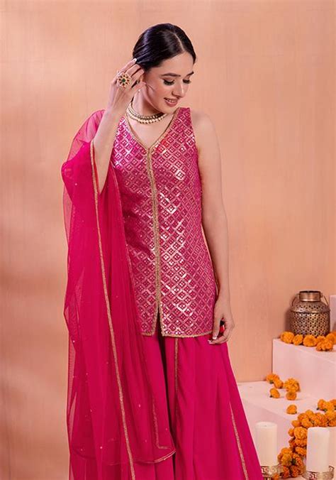 Buy Women Hot Pink Sequin Embroidered Sharara Set With Short Kurta And