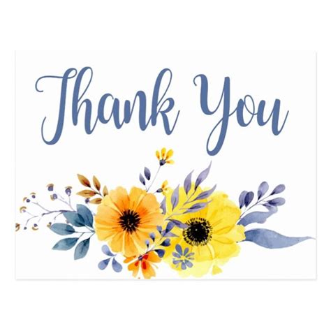 Blue Floral Thank You Yellow Flowers Watercolor Postcard Zazzle