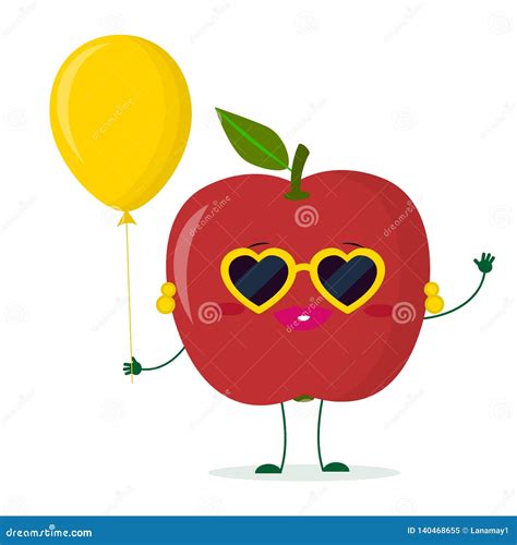 Cute Red Apple Cartoon Character Sunglasses Hearts And Earrings Holds A Yellow Air Balloon