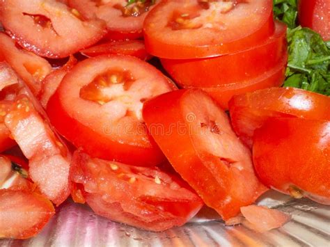 Juicy Ripe Tomato Cut Into Slices Finely Chopped Parsley Snack On The