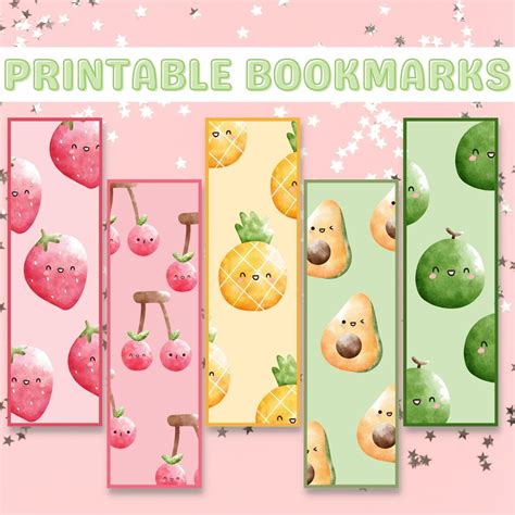 Kawaii Printable Bookmarks, 5 Fruits Bookmarks Digital Download, Kawaii ...