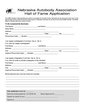 Fillable Online Nebraska Autobody Association Hall Of Fame Application