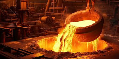 Close Up Cast Iron Process Liquid Molten Metal Pouring In Ladle Industrial Metallurgical