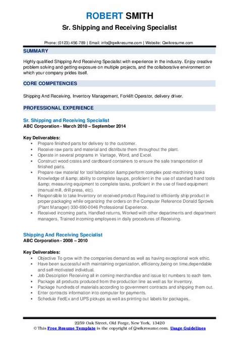 Shipping And Receiving Specialist Resume Samples Qwikresume