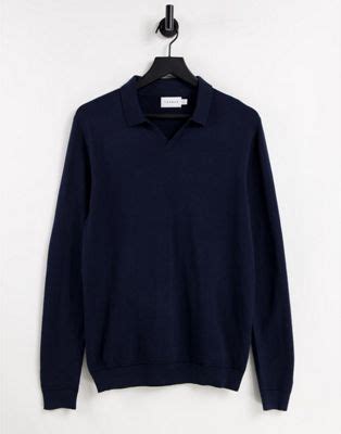 Topman Longsleeve Open Collar Knitted Polo In Navy Asos