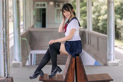 Asian Model Women Long Hair Dark Hair Sitting School Uniform Knee High