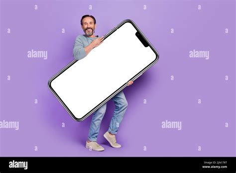 Full Body Photo Of Mature Man Promoter Hold Hands Banner Promo Isolated