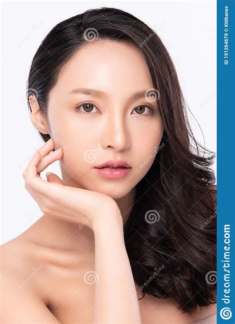 Close Up Beauty Face Smiling Asian Woman Touching Healthy Skin