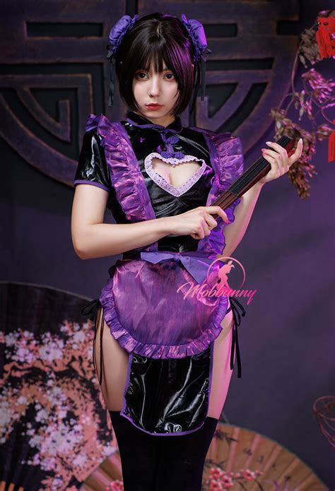 Maid Style Sexy Lingerie Set Halloween Purple Chest Open Cheongsam Dress Set Top Quality