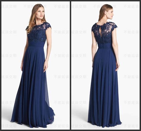 Navy Blue Long Wedding Guest Bridesmaid Dresses Lace Chiffon Sheer Neck