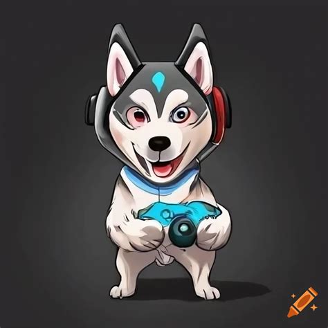 Cartoon Anime Husky Dog With Gaming Headset And Controller