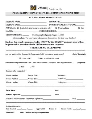 Fillable Online PERMISSION TO PARTICIPATE COMMENCEMENT 2O17 Fax Email