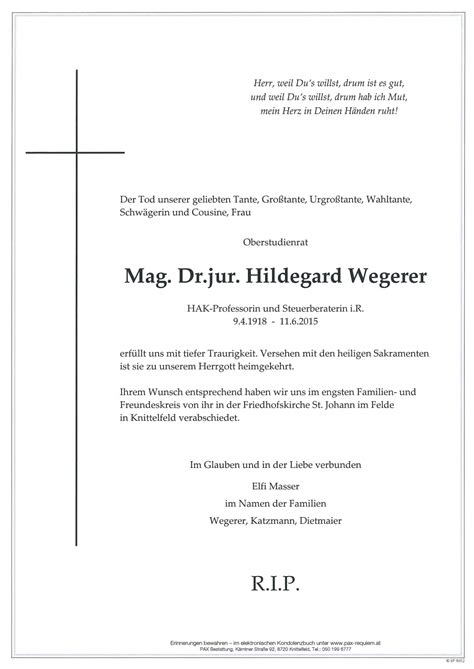 Parte für Mag Dr Hildegard Wegerer pax requiem