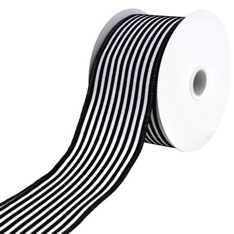 Flocked Velvet Cabana Stripes Wired Ribbon 2 12 Inch 10 Yard Black