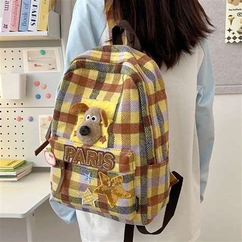 C O De Cachorro Fofo Bolsa De Ombro Retro Mochila Xadrez Retro De