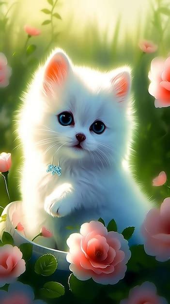 Premium Photo | White cat in a field of roses