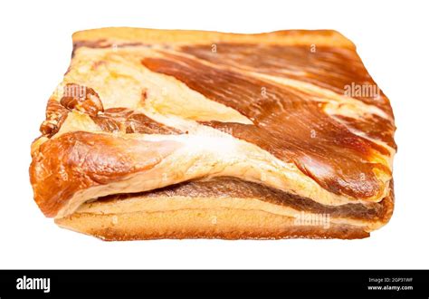 Piece Of Smoked Salo Pork Fatback With Meat Layers Isolated On White