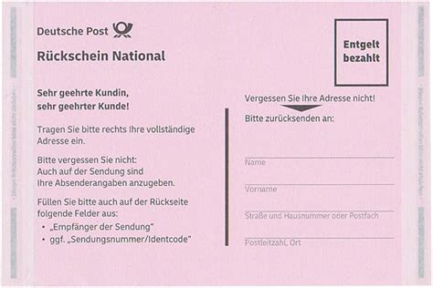 Deutsche Post Einschreiben R Ckschein National Er Pack Amazon De