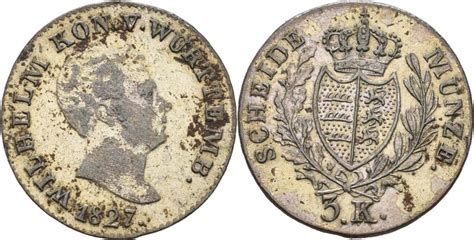 Württemberg 3 Kreuzer 1827 Wilhelm I 1816 1864 ss MA Shops