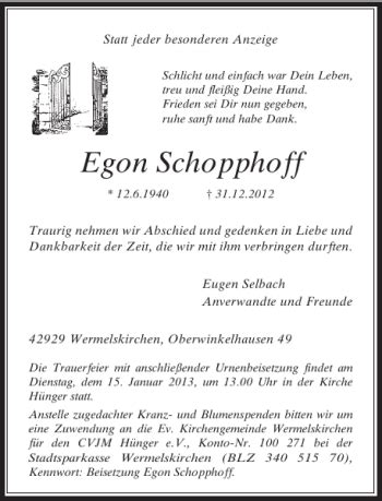 Alle Traueranzeigen F R Egon Schopphoff Trauer Rp Online De