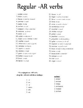 Spanish Regular -AR verbs vocabulary list by Profe y Paco la Pinata