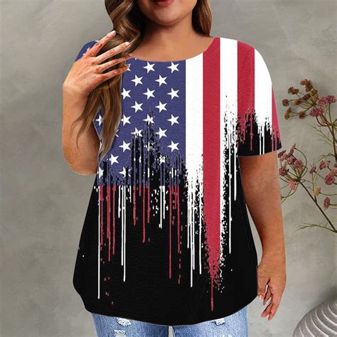 Busydd Womens 4th Of July Tops 2024 American Flag T Shirt Summer Short Sleeve Round Neck Tee